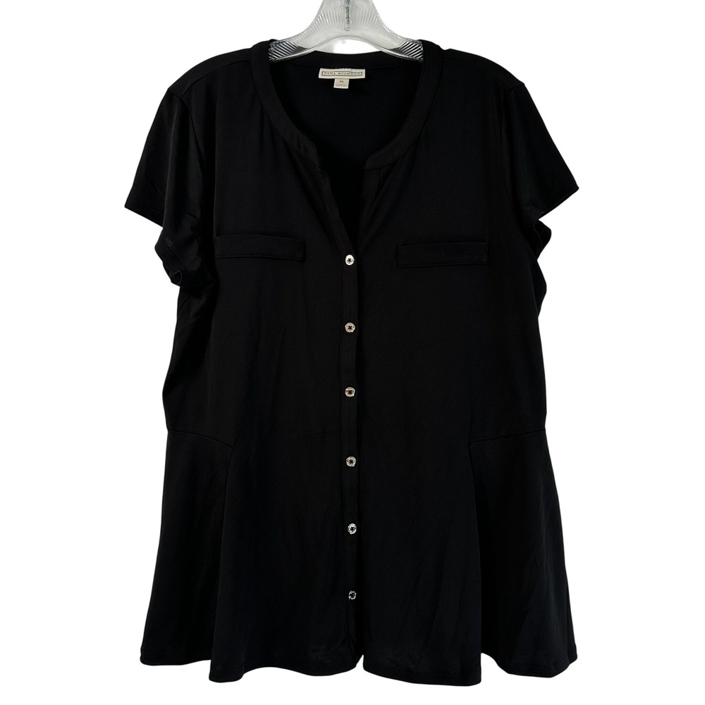 Dana Buchman Womens XL Black Short Sleeve Y-Front Peplum Button Down Blouse NEW
